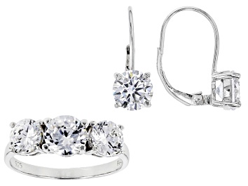 Picture of White Cubic Zirconia Rhodium Over Sterling Silver Earrings And Ring 7.80ctw