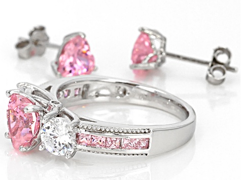 Pink And White Cubic Zirconia Rhodium Over Sterling Silver Heart Ring And Earrings 6.62ctw