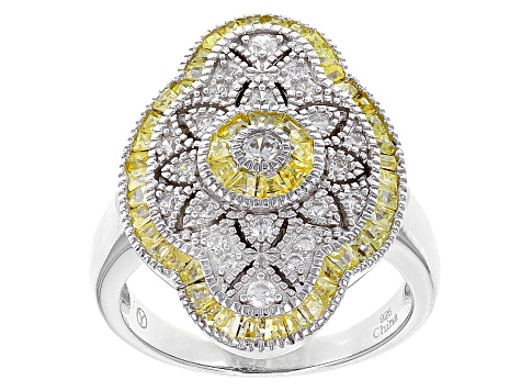 Yellow And White Cubic Zirconia Rhodium Over Sterling Silver Ring 2.06ctw