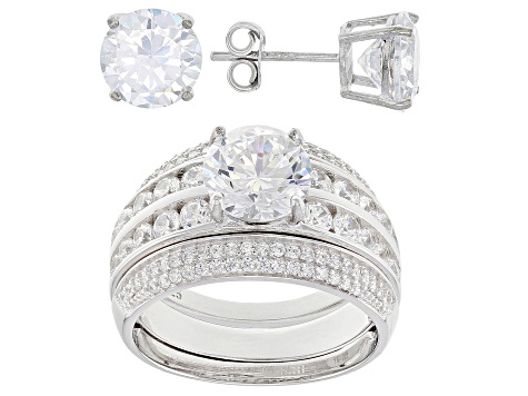 White Cubic Zirconia Rhodium Over Sterling Silver Ring With Guard and Earrings 12.60ctw