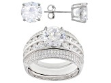 White Cubic Zirconia Rhodium Over Sterling Silver Ring With Guard and Earrings 12.60ctw