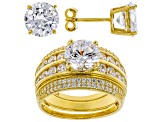 White Cubic Zirconia 18k Yellow Gold Over Sterling Silver Ring With Guard and Earrings 12.60ctw