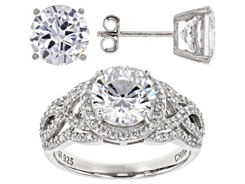 Picture of White Cubic Zirconia Rhodium Over Sterling Silver Ring and Earrings 11.29ctw