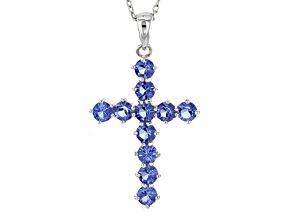 Blue Cubic Zirconia Rhodium Over Sterling Silver Cross Pendant With Chain 1.47ctw