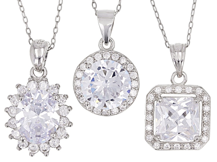 White Cubic Zirconia Rhodium Over Silver Set Of 3 Center Design Pendants  With Chain