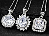 White Cubic Zirconia Rhodium Over Silver Set Of 3 Center Design Pendants With Chain