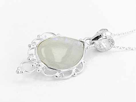 White Rainbow Moonstone Sterling Silver Pendant With 18" Cable Chain