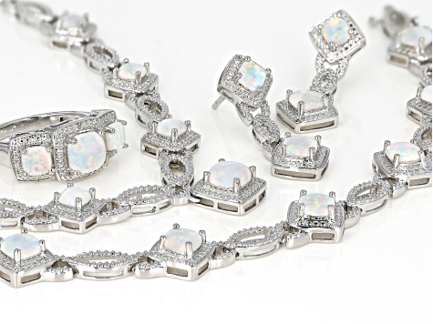 White Square Cushion Lab Opal Rhodium Over Brass Jewelry Set 6.61ctw