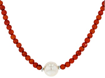 Picture of Red Coral Bead Rhodium Over Silver Necklace