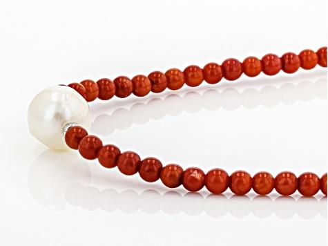 Red Coral Bead Rhodium Over Silver 