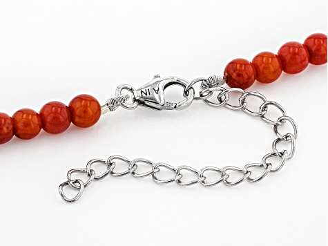 Red Coral Bead Rhodium Over Silver Necklace