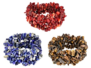 Mixed Shape Tigers Eye, Red Coral, Lapis Multi-Row Chip Stretch Bracelets