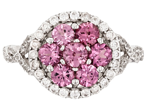 Pink Blush Color Garnet Rhodium Over Sterling Silver Cluster Ring 2.15ctw