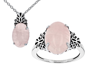 Picture of Rose Quartz Solitaires Rhodium Over Silver Ring and Pendant With Chain Jewelry Set