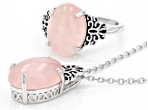 Rose Quartz Solitaires Rhodium Over Silver Ring and Pendant With Chain Jewelry Set