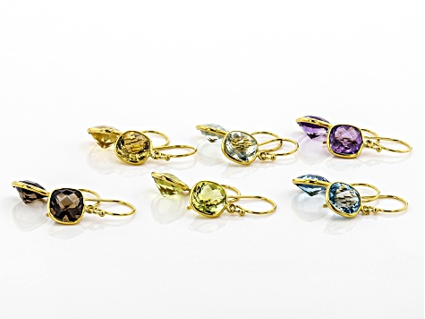 Multi-Gemstone 18k Yellow Gold Over Sterling Silver Set of 6 Dangle Earrings 31.00ctw