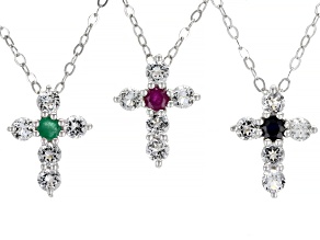Blue Sapphire, Ruby & Emerald Rhodium Over Silver Cross Pendant With Chain Set of 3   0.75ctw