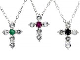 Blue Sapphire, Ruby & Emerald Rhodium Over Silver Cross Pendant With Chain Set of 3   0.75ctw