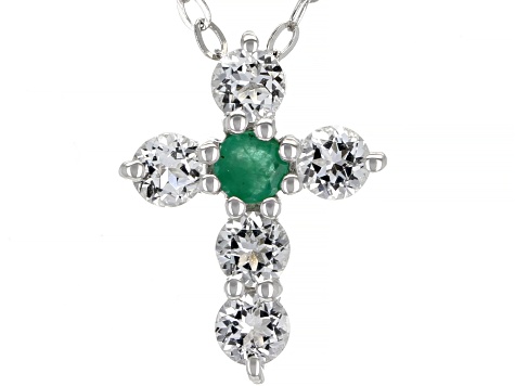 Blue Sapphire, Ruby & Emerald Rhodium Over Silver Cross Pendant With Chain Set of 3 0.75ctw