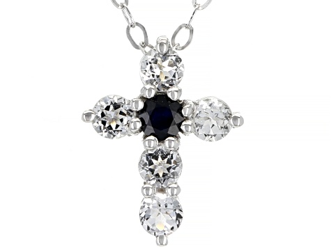 Blue Sapphire, Ruby & Emerald Rhodium Over Silver Cross Pendant With Chain Set of 3 0.75ctw