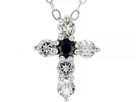 Blue Sapphire, Ruby & Emerald Rhodium Over Silver Cross Pendant With Chain Set of 3   0.75ctw