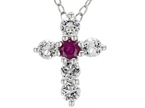 Blue Sapphire, Ruby & Emerald Rhodium Over Silver Cross Pendant With Chain Set of 3 0.75ctw