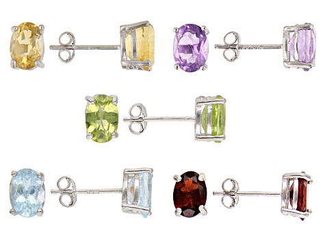 Multi-Gemstone Rhodium Over Silver Set of 5 Stud Earrings 9.00ctw