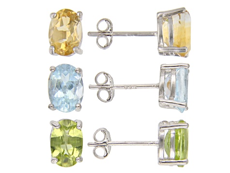 Multi-Gemstone Rhodium Over Silver Set of 5 Stud Earrings 9.00ctw