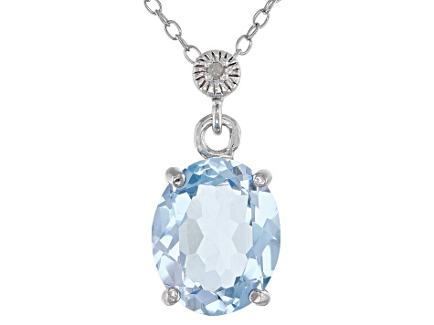 Sterling Silver Rhodium Plated Diamond & Sky Blue Topaz Oval Pendant 