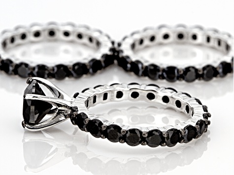 Black Spinel Rhodium Over Sterling Silver Set Of Three Rings 11.25ctw