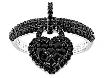 Picture of Black Spinel Rhodium Over Sterling Silver Heart Charm Ring 1.51ctw