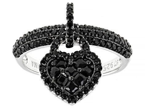 Black Spinel Rhodium Over Sterling Silver Heart Charm Ring 1.51ctw