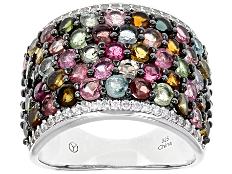 Multi Tourmaline Rhodium Over Sterling Silver Ring 4.60ctw