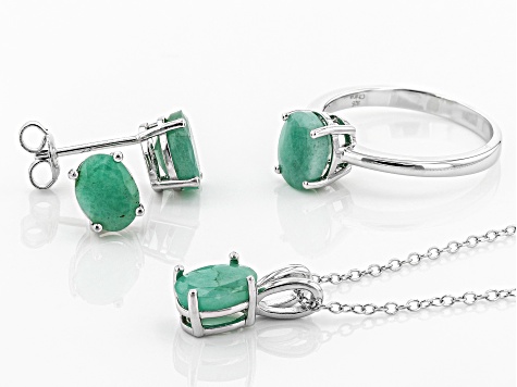Green Brazilian Emerald Rhodium Over Sterling Silver Jewelry Set 4.56ctw