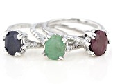 Green Emerald Rhodium Over Sterling Silver Solitaire Set of 3 Rings 4.50ctw