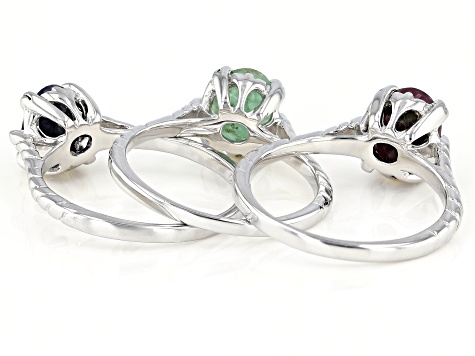 Green Emerald Rhodium Over Sterling Silver Solitaire Set of 3 Rings 4.50ctw