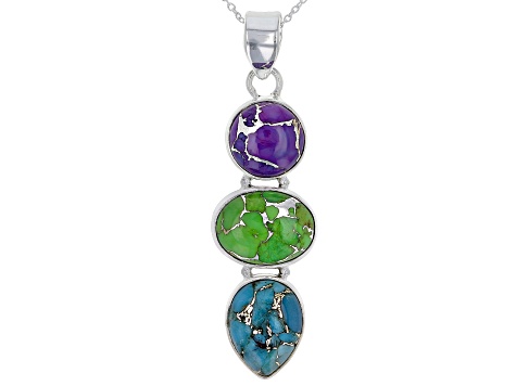 Blue, Green And Purple Turquoise Sterling Silver 3-Stone Pendant With Chain