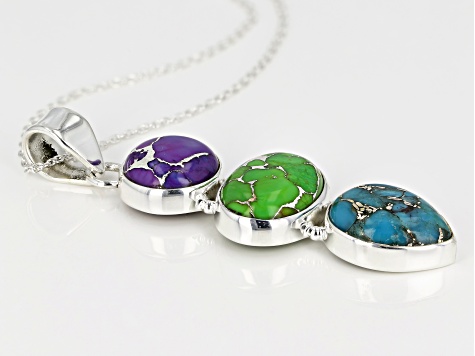 Blue, Green And Purple Turquoise Sterling Silver 3-Stone Pendant With Chain