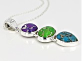 Blue, Green And Purple Turquoise Sterling Silver 3-Stone Pendant With Chain