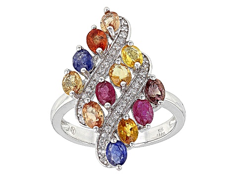 Multi Sapphire Rhodium Over Sterling Silver Ring 3.10ctw