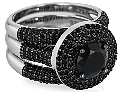 Black Spinel Rhodium Over Sterling Silver 3 Ring Set 4.40ctw