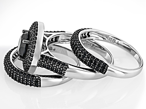 Black Spinel Rhodium Over Sterling Silver 3 Ring Set 4.40ctw