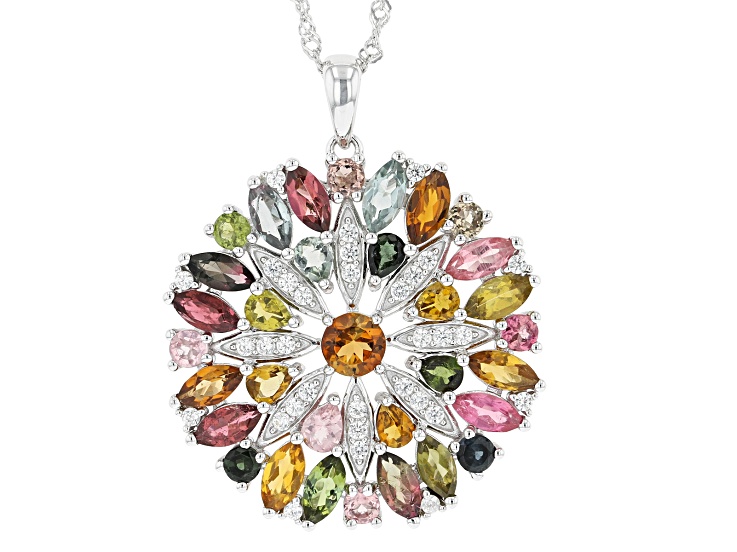 Multi-Tourmaline Rhodium Over Sterling Silver Pendant 6.88ctw