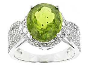 Green Peridot Rhodium Over Sterling Silver Ring 4.86ctw