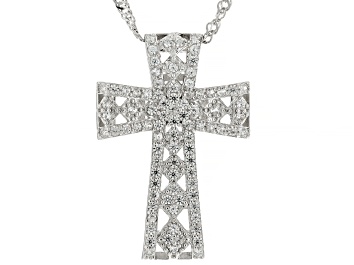 Picture of White Zircon Rhodium Over Sterling Silver Cross Slide With Chain 1.04ctw