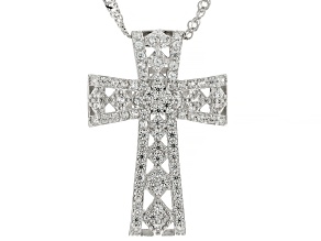 White Zircon Rhodium Over Sterling Silver Cross Slide With Chain 1.04ctw