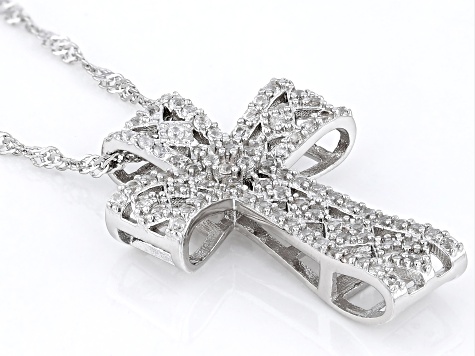 White Zircon Rhodium Over Sterling Silver Cross Slide With Chain 1.04ctw