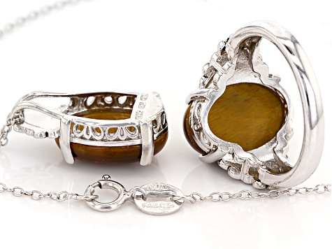 Brown Tiger's Eye Rhodium Over Sterling Silver Jewelry Set