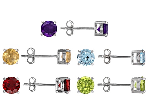 Multi-Gem Rhodium Over Sterling Silver Earrings Set of 5 5.00ctw