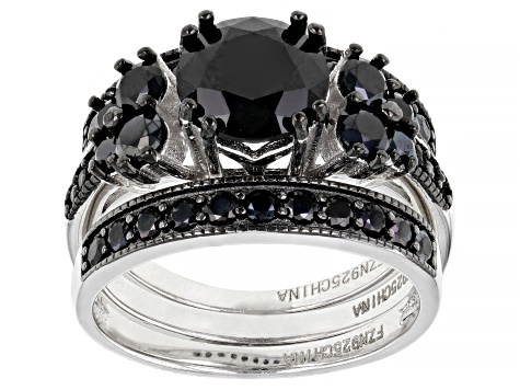 Black Spinel Rhodium Over Sterling Silver 3 Ring Set 3.92ctw